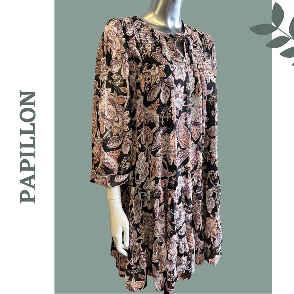 Papillon Paisley Lurex Georgette Tiered Dress Mini Long Sleeve Black Size Small - Picture 4 of 9